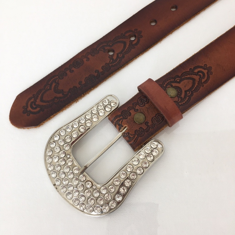 Leather Island by Bill Lavin Brown Tooled Leather Western Belt Women’s Size 30 - Picture 4 of 10